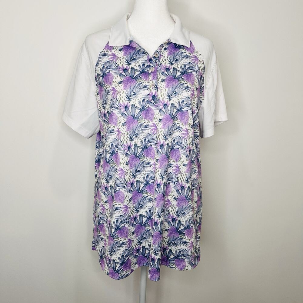 Women’s Polo Purple N Blue Floral Top Golf Bermuda Sands Collared Shirt Size XL